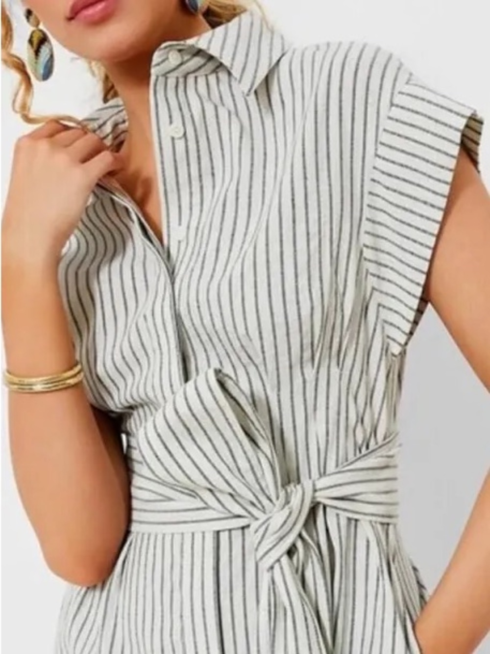 Tuckernuck Cream and Black Pinstripe Tie-Waist Midi Dress